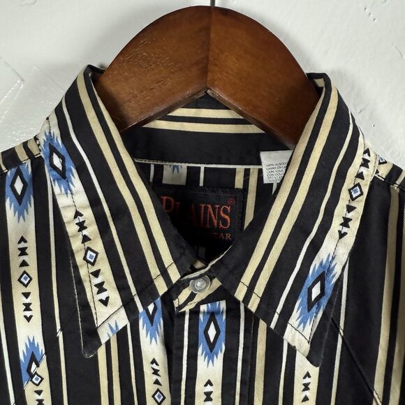Plains Western Wear Southwest Aztec Pearl Snap Shirt Medium Black Blue VTG - Picture 7 of 14